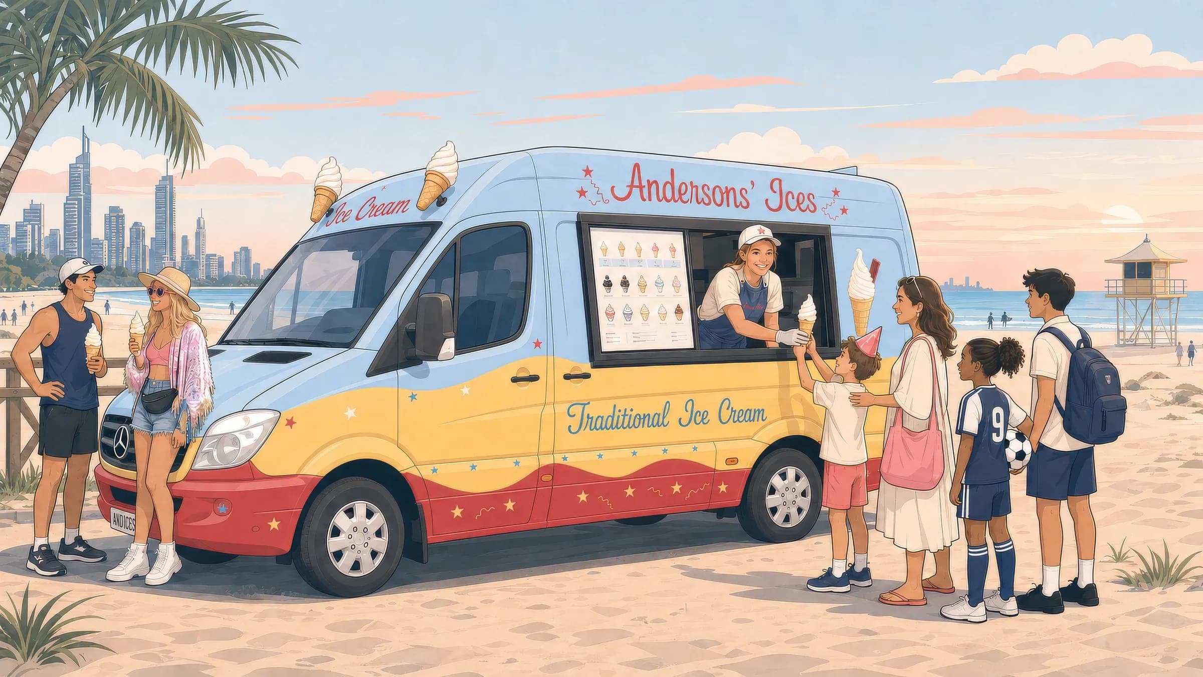 Illustration of the Andersons' Ices soft serve ice cream truck serving a queue of guests on a Gold Coast beach, city skyline behind